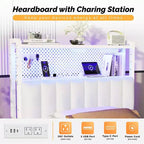 Karl Home Twin Full Queen King Size Headboard, Adjustable Upholstered Headboard with 2 Tier Shelves and Pegboard with Charging Stations and LED Lights
