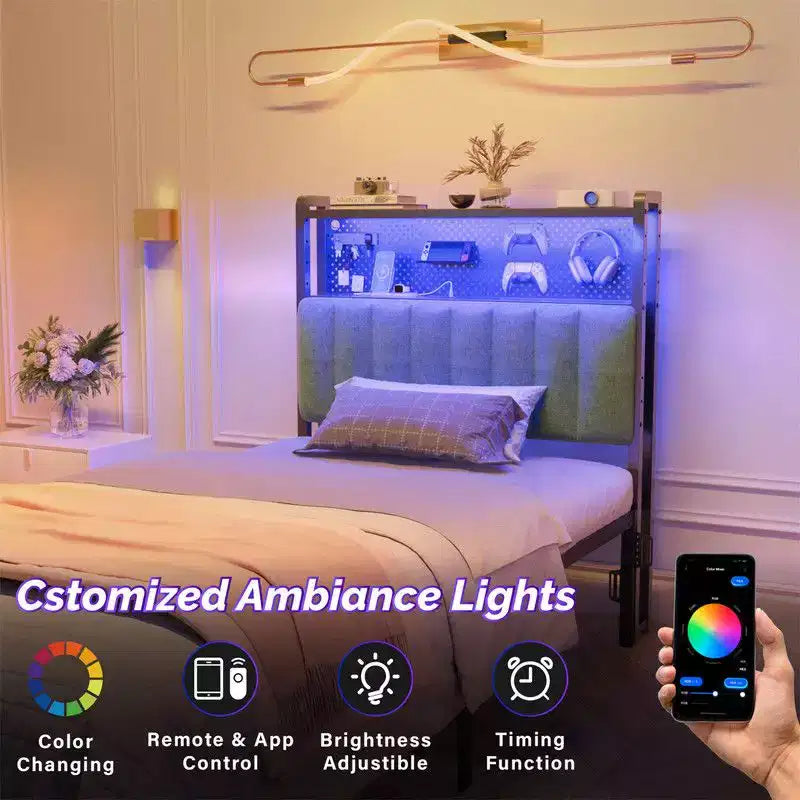 Karl Home Twin Full Queen King Size Headboard, Adjustable Upholstered Headboard with 2 Tier Shelves and Pegboard with Charging Stations and LED Lights