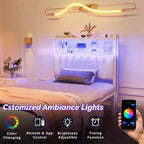 Karl Home Twin Full Queen King Size Headboard, Adjustable Upholstered Headboard with 2 Tier Shelves and Pegboard with Charging Stations and LED Lights
