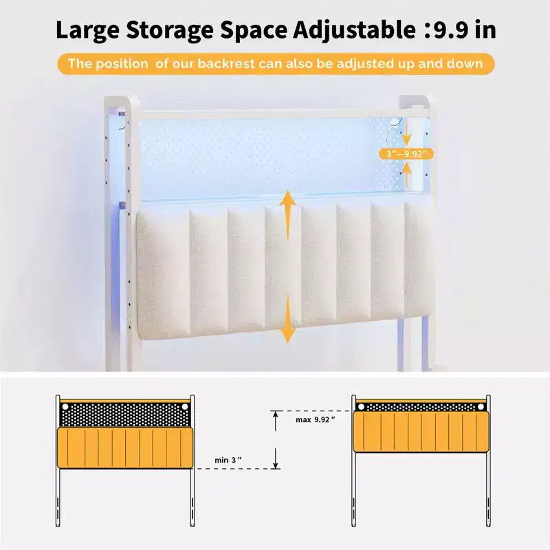 Karl Home Twin Full Queen King Size Headboard, Adjustable Upholstered Headboard with 2 Tier Shelves and Pegboard with Charging Stations and LED Lights