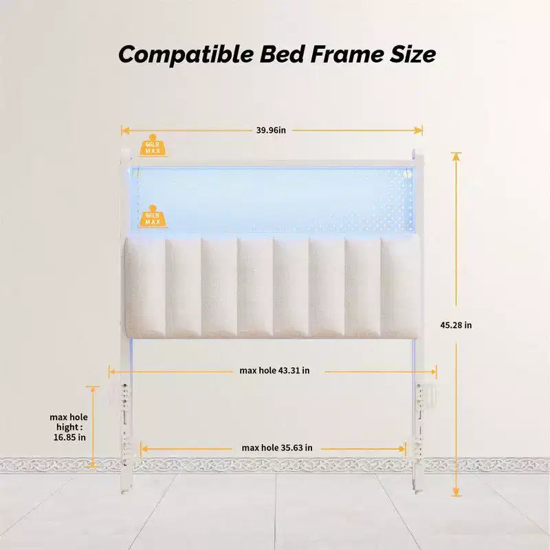 Karl Home Twin Full Queen King Size Headboard, Adjustable Upholstered Headboard with 2 Tier Shelves and Pegboard with Charging Stations and LED Lights