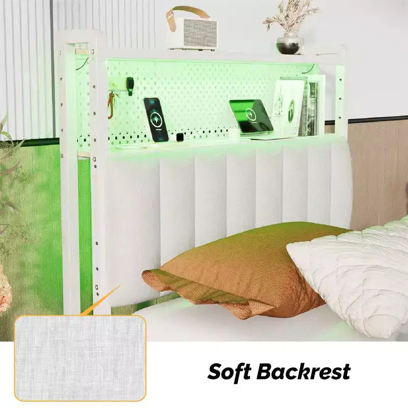 Karl Home Twin Full Queen King Size Headboard, Adjustable Upholstered Headboard with 2 Tier Shelves and Pegboard with Charging Stations and LED Lights