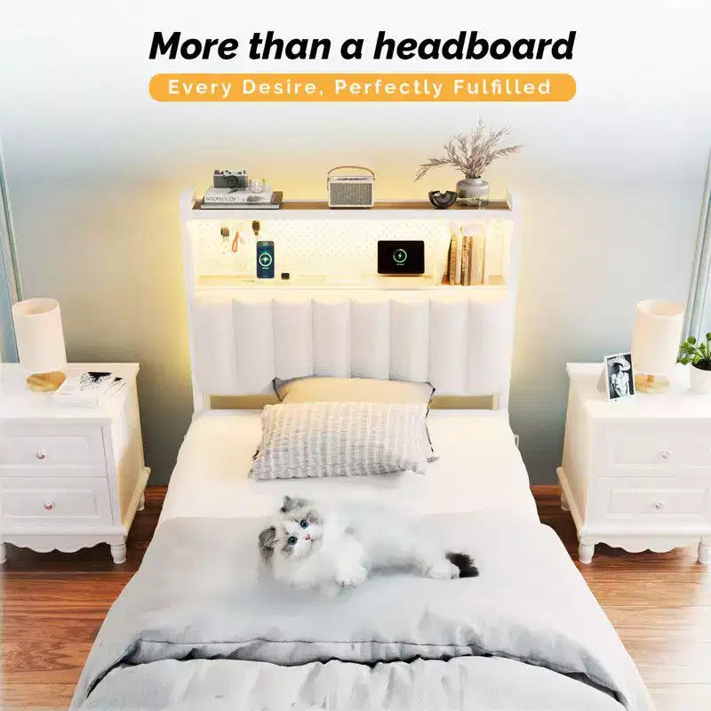 Karl Home Twin Full Queen King Size Headboard, Adjustable Upholstered Headboard with 2 Tier Shelves and Pegboard with Charging Stations and LED Lights