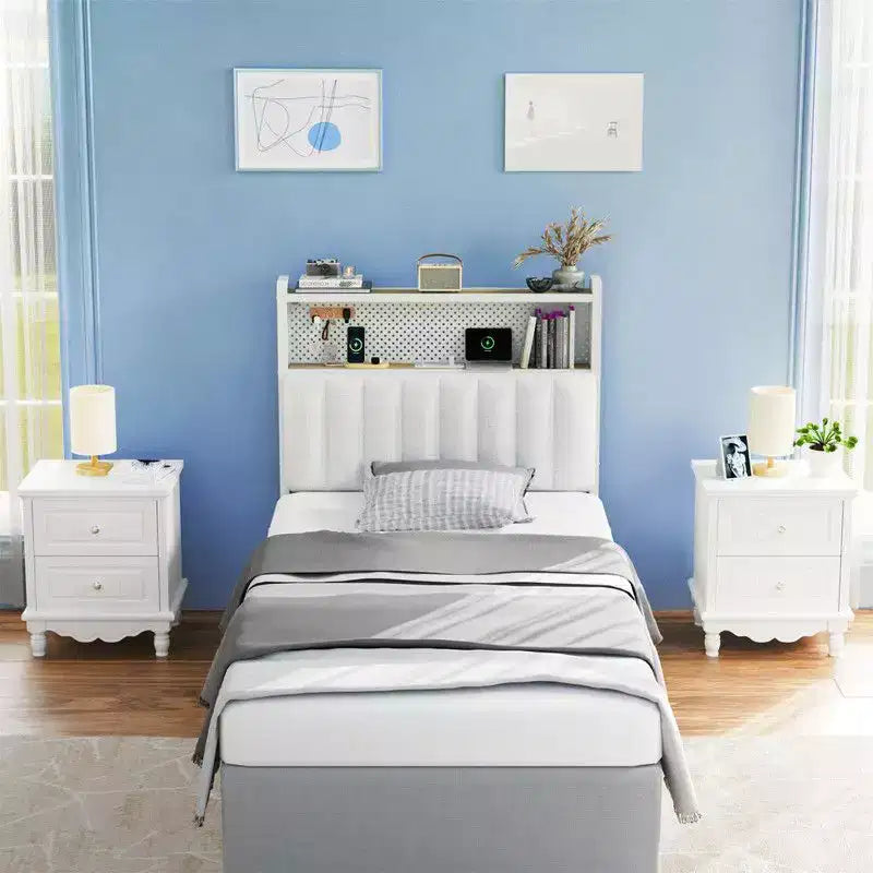 Karl Home Twin Full Queen King Size Headboard, Adjustable Upholstered Headboard with 2 Tier Shelves and Pegboard with Charging Stations and LED Lights