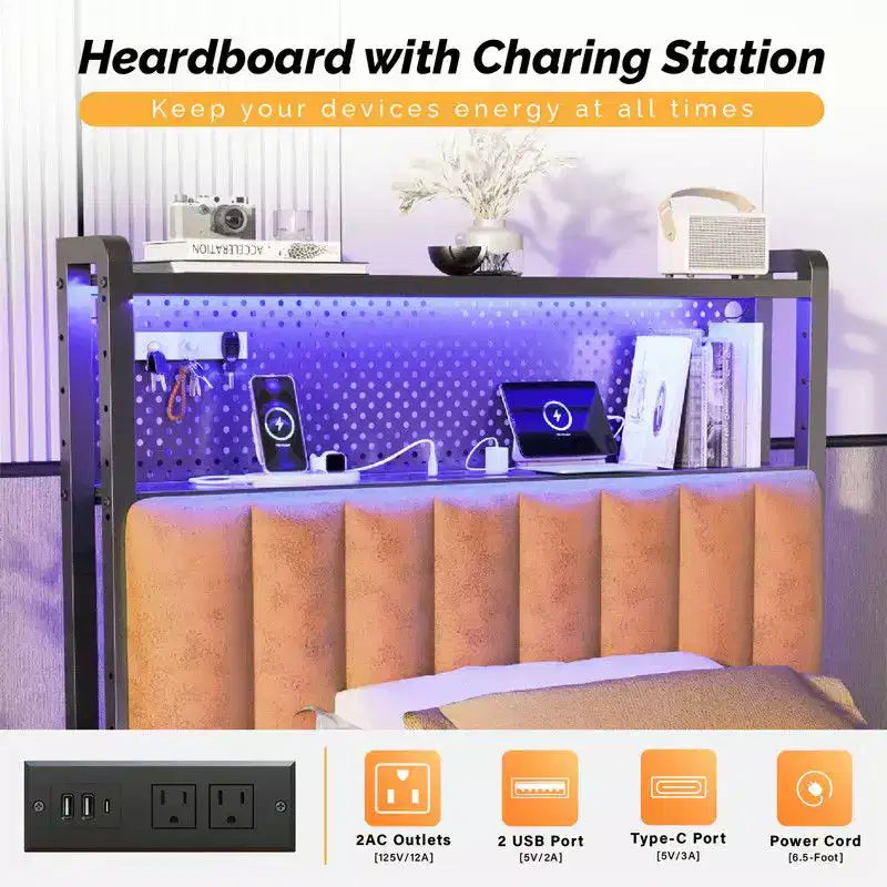 Karl Home Twin Full Queen King Size Headboard, Adjustable Upholstered Headboard with 2 Tier Shelves and Pegboard with Charging Stations and LED Lights