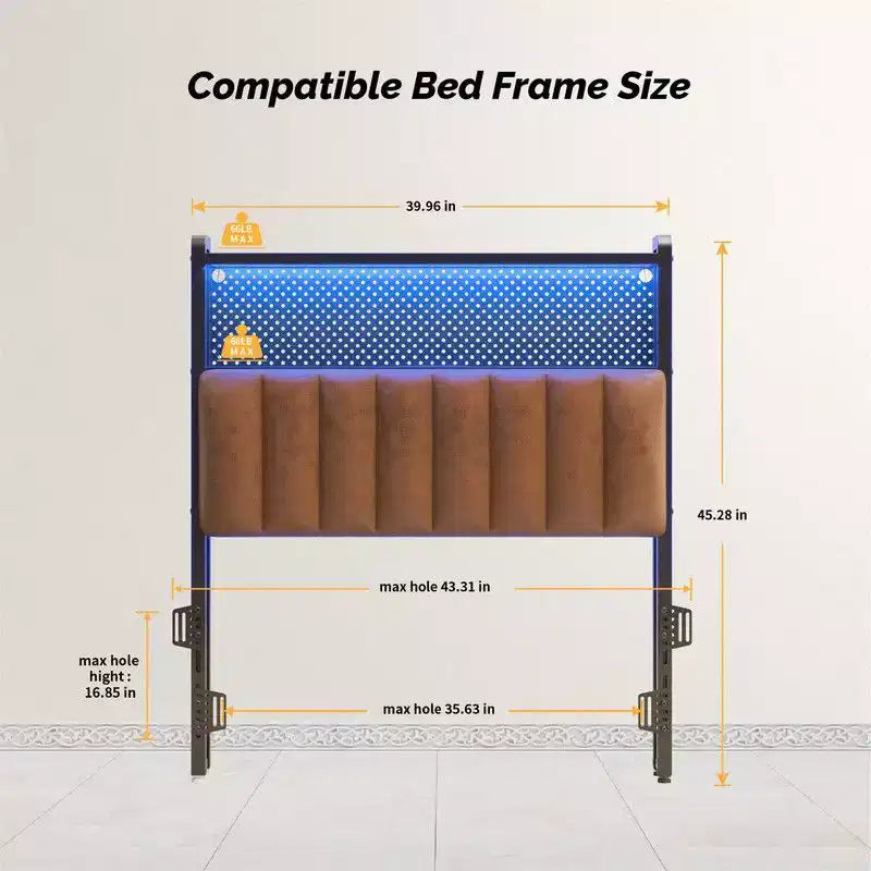 Karl Home Twin Full Queen King Size Headboard, Adjustable Upholstered Headboard with 2 Tier Shelves and Pegboard with Charging Stations and LED Lights