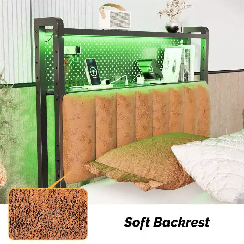 Karl Home Twin Full Queen King Size Headboard, Adjustable Upholstered Headboard with 2 Tier Shelves and Pegboard with Charging Stations and LED Lights