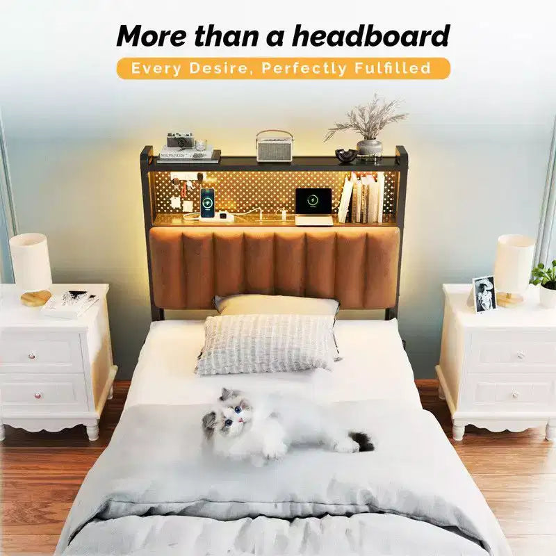 Karl Home Twin Full Queen King Size Headboard, Adjustable Upholstered Headboard with 2 Tier Shelves and Pegboard with Charging Stations and LED Lights