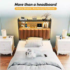 Karl Home Twin Full Queen King Size Headboard, Adjustable Upholstered Headboard with 2 Tier Shelves and Pegboard with Charging Stations and LED Lights
