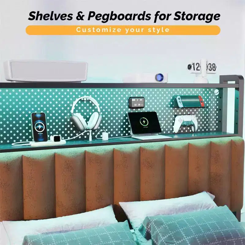 Karl Home Twin Full Queen King Size Headboard, Adjustable Upholstered Headboard with 2 Tier Shelves and Pegboard with Charging Stations and LED Lights