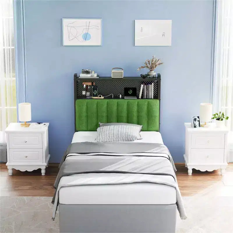 Karl Home Twin Full Queen King Size Headboard, Adjustable Upholstered Headboard with 2 Tier Shelves and Pegboard with Charging Stations and LED Lights