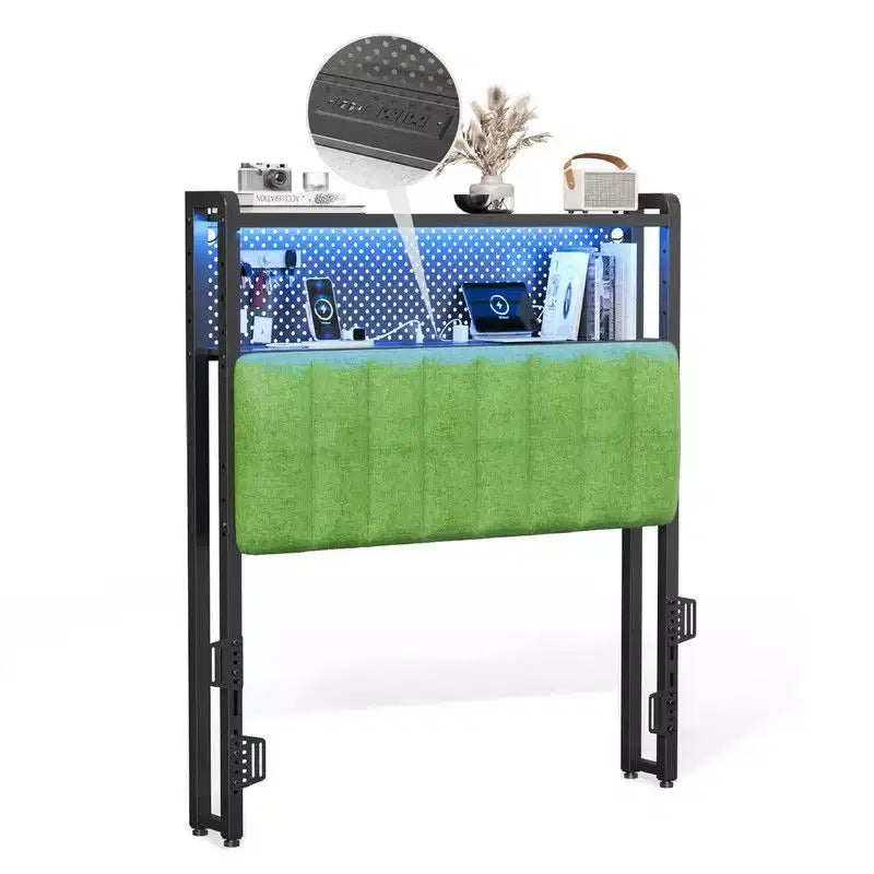 Karl Home Twin Full Queen King Size Headboard, Adjustable Upholstered Headboard with 2 Tier Shelves and Pegboard with Charging Stations and LED Lights
