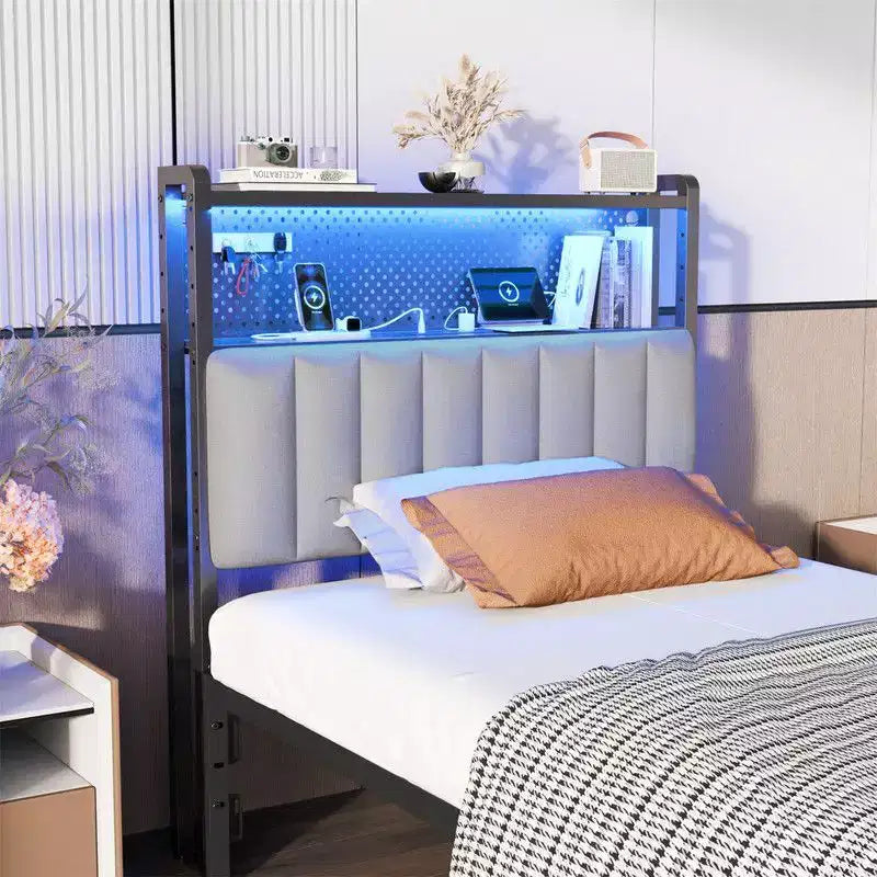 Karl Home Twin Full Queen King Size Headboard, Adjustable Upholstered Headboard with 2 Tier Shelves and Pegboard with Charging Stations and LED Lights