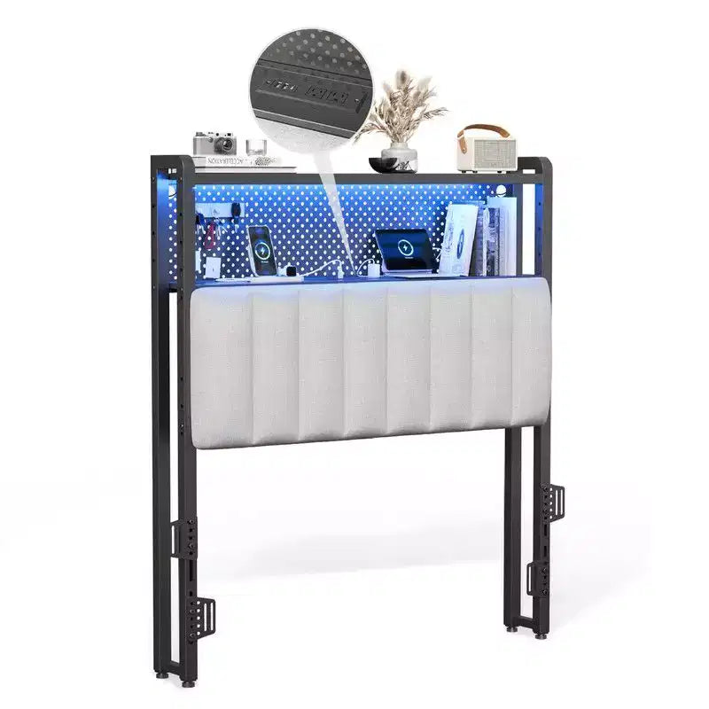 Karl Home Twin Full Queen King Size Headboard, Adjustable Upholstered Headboard with 2 Tier Shelves and Pegboard with Charging Stations and LED Lights