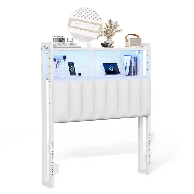 Karl Home Twin Full Queen King Size Headboard, Adjustable Upholstered Headboard with 2 Tier Shelves and Pegboard with Charging Stations and LED Lights
