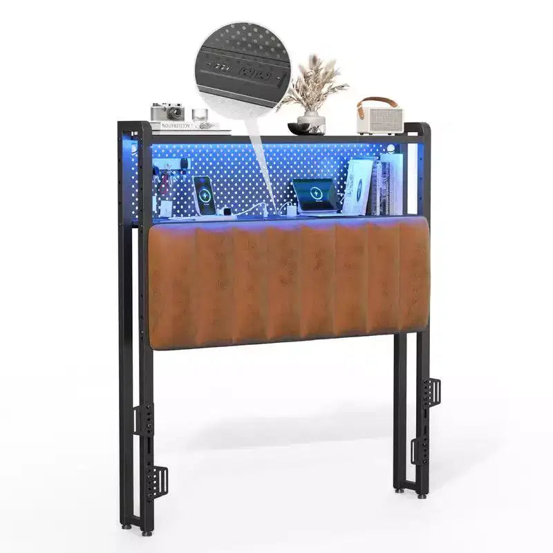 Karl Home Twin Full Queen King Size Headboard, Adjustable Upholstered Headboard with 2 Tier Shelves and Pegboard with Charging Stations and LED Lights