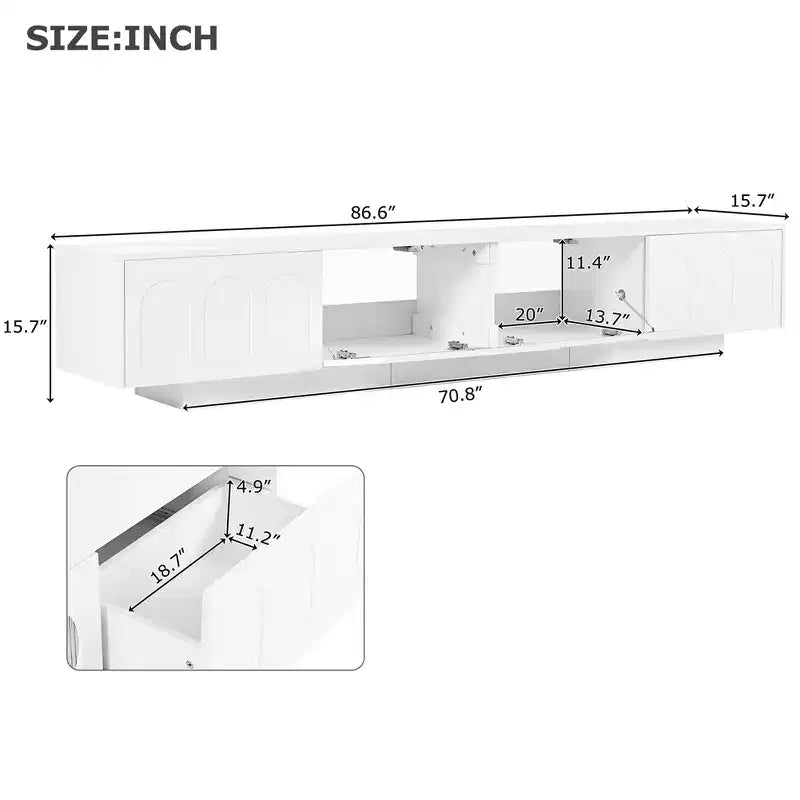 On-Trend TV Stand with Fluted Tempered Glass Doors for TVs Up to 95'', Functional Media Console with Arched Cabinet Doors