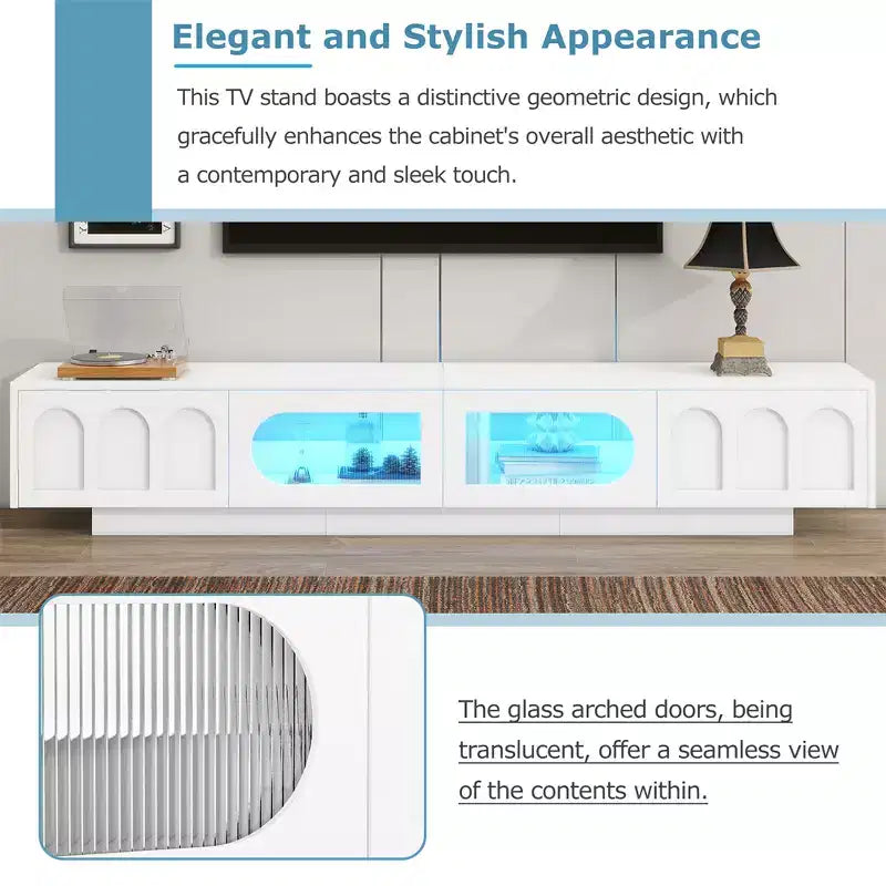 On-Trend TV Stand with Fluted Tempered Glass Doors for TVs Up to 95'', Functional Media Console with Arched Cabinet Doors