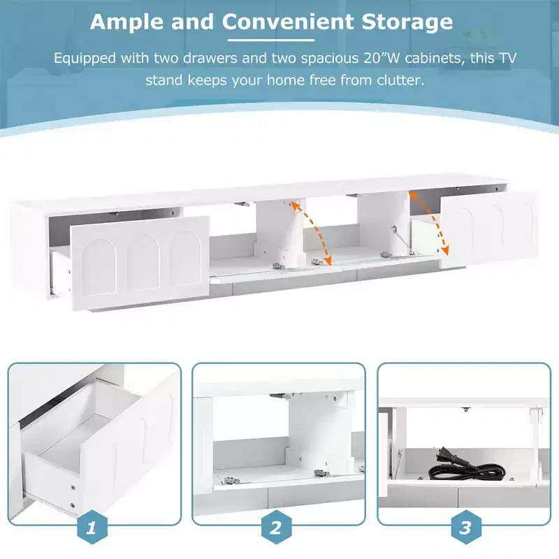On-Trend TV Stand with Fluted Tempered Glass Doors for TVs Up to 95'', Functional Media Console with Arched Cabinet Doors