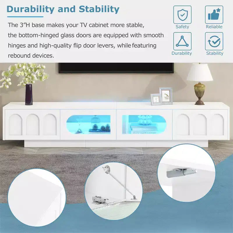 On-Trend TV Stand with Fluted Tempered Glass Doors for TVs Up to 95'', Functional Media Console with Arched Cabinet Doors