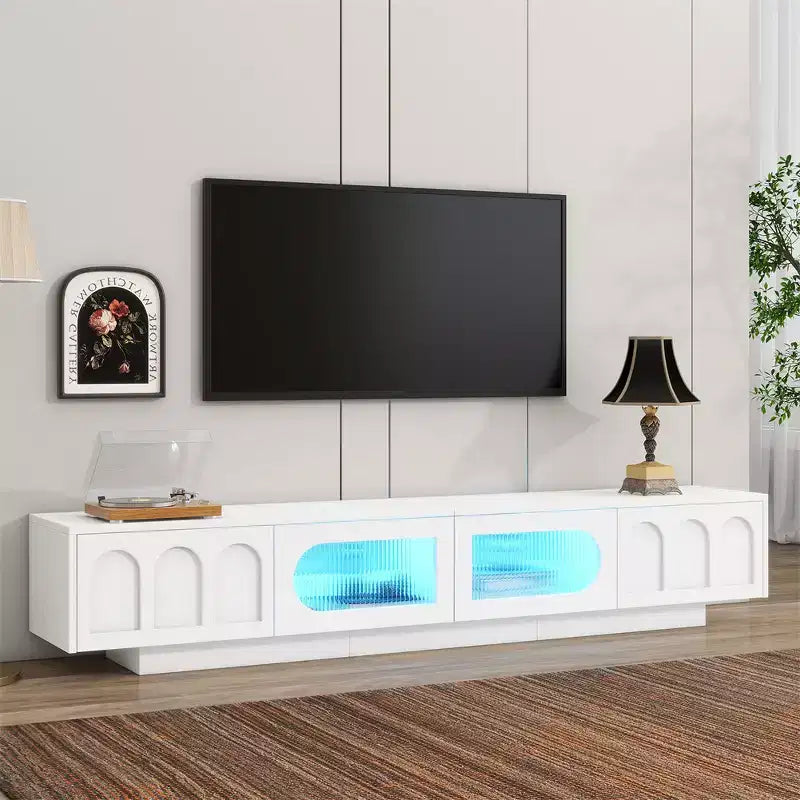 On-Trend TV Stand with Fluted Tempered Glass Doors for TVs Up to 95'', Functional Media Console with Arched Cabinet Doors