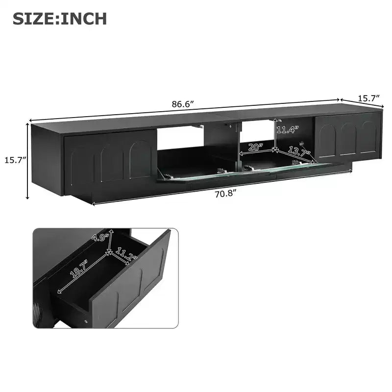 On-Trend TV Stand with Fluted Tempered Glass Doors for TVs Up to 95'', Functional Media Console with Arched Cabinet Doors