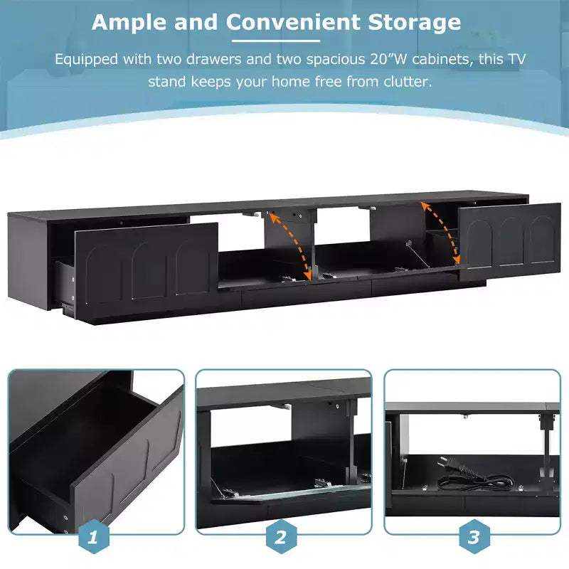 On-Trend TV Stand with Fluted Tempered Glass Doors for TVs Up to 95'', Functional Media Console with Arched Cabinet Doors