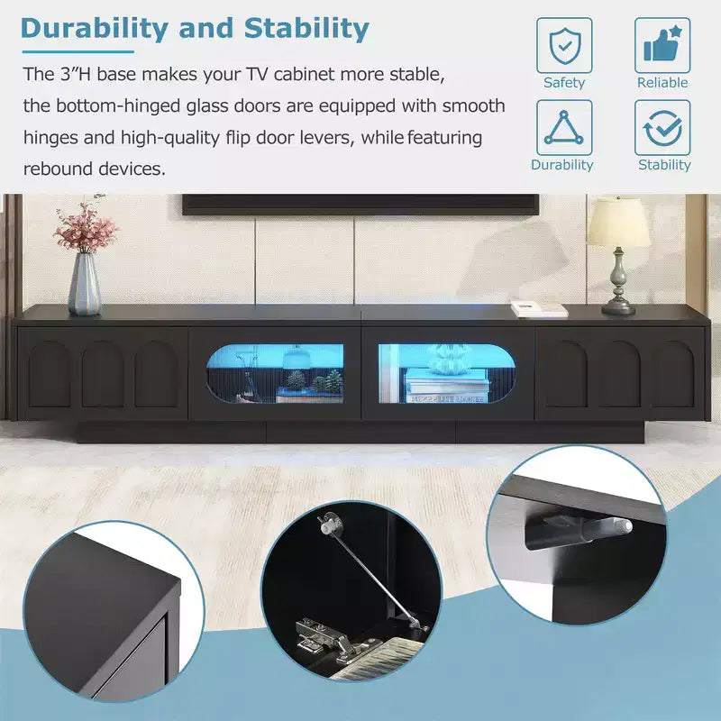 On-Trend TV Stand with Fluted Tempered Glass Doors for TVs Up to 95'', Functional Media Console with Arched Cabinet Doors
