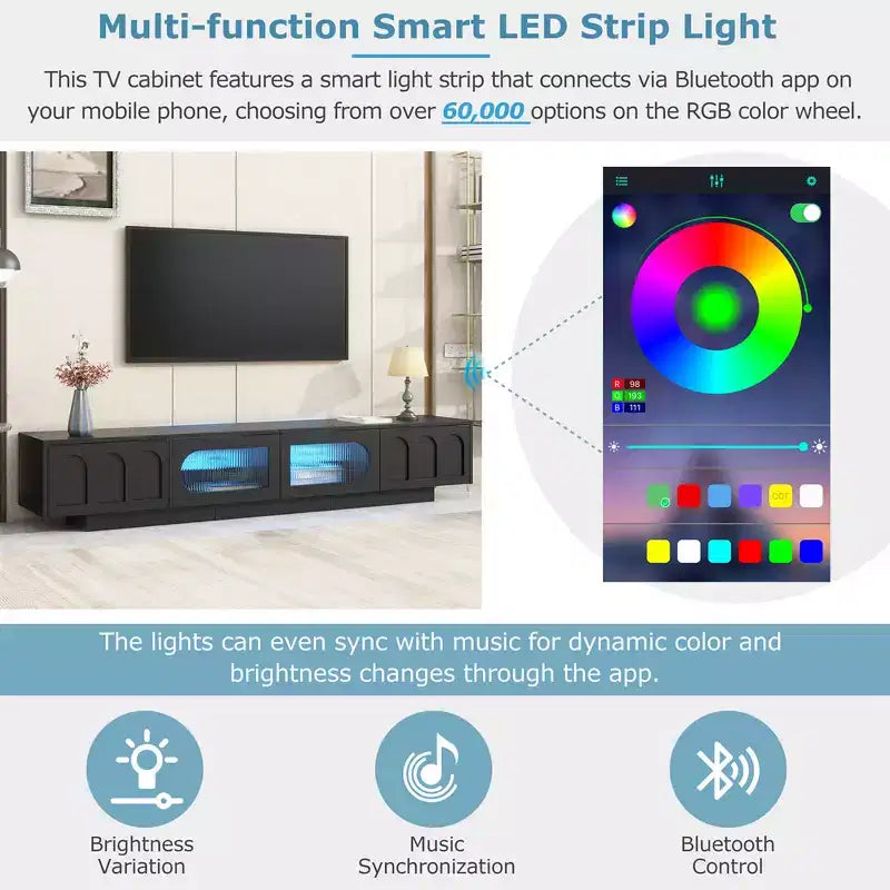 On-Trend TV Stand with Fluted Tempered Glass Doors for TVs Up to 95'', Functional Media Console with Arched Cabinet Doors