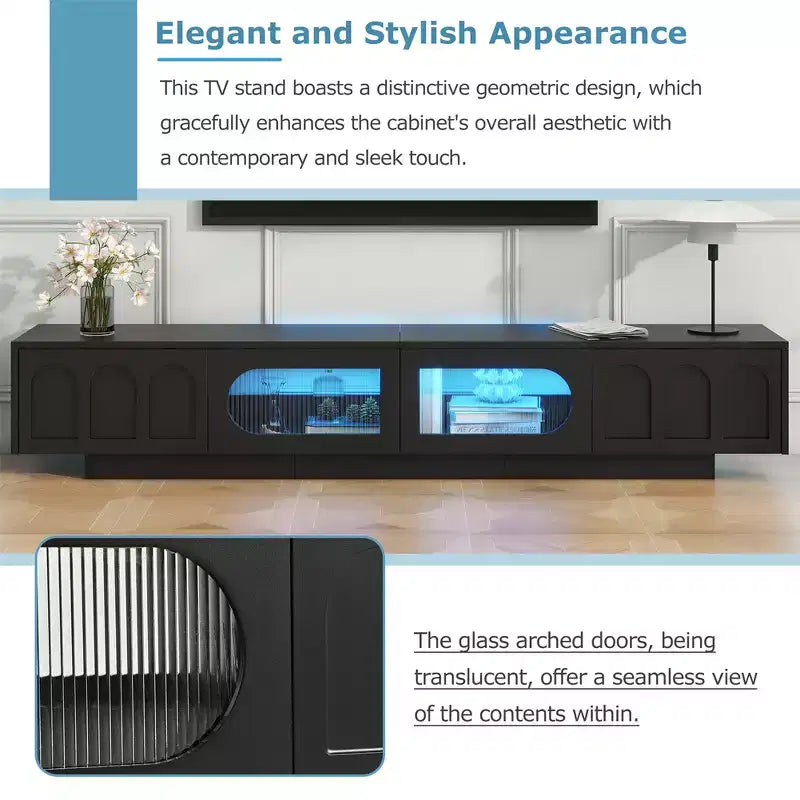 On-Trend TV Stand with Fluted Tempered Glass Doors for TVs Up to 95'', Functional Media Console with Arched Cabinet Doors