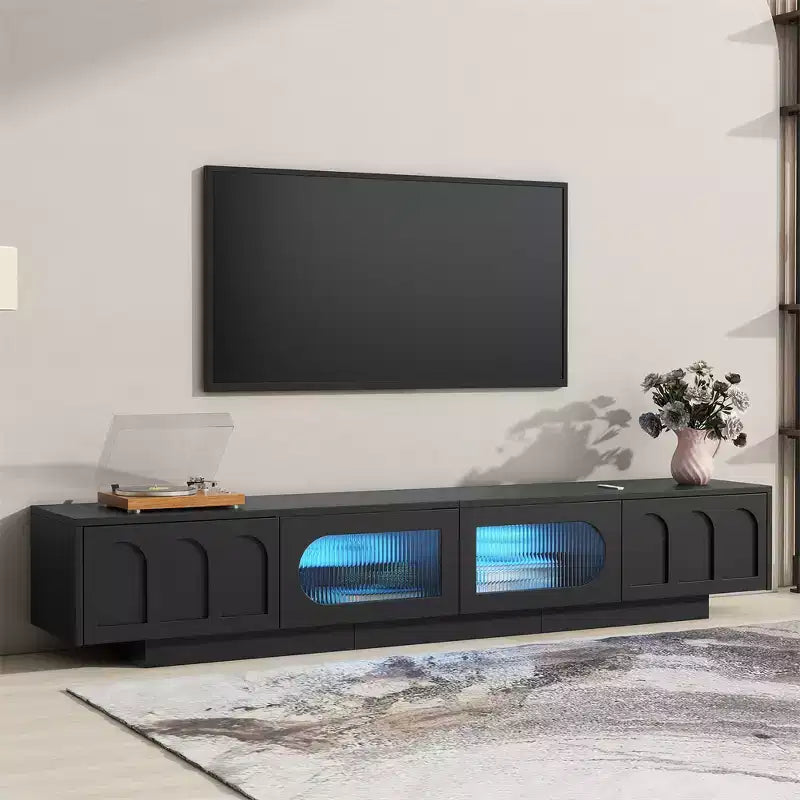 On-Trend TV Stand with Fluted Tempered Glass Doors for TVs Up to 95'', Functional Media Console with Arched Cabinet Doors