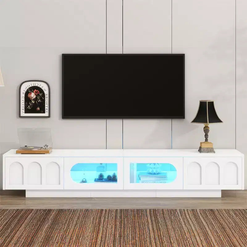 On-Trend TV Stand with Fluted Tempered Glass Doors for TVs Up to 95'', Functional Media Console with Arched Cabinet Doors