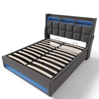 Queen Bed with Hydraulic Storage, LED, USB, Upholstered Headboard, No Box Spring, Easy Assembly
