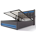 Queen Bed with Hydraulic Storage, LED, USB, Upholstered Headboard, No Box Spring, Easy Assembly