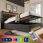 Queen Bed with Hydraulic Storage, LED, USB, Upholstered Headboard, No Box Spring, Easy Assembly