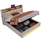 Queen Bed with Hydraulic Storage, LED, USB, Upholstered Headboard, No Box Spring, Easy Assembly