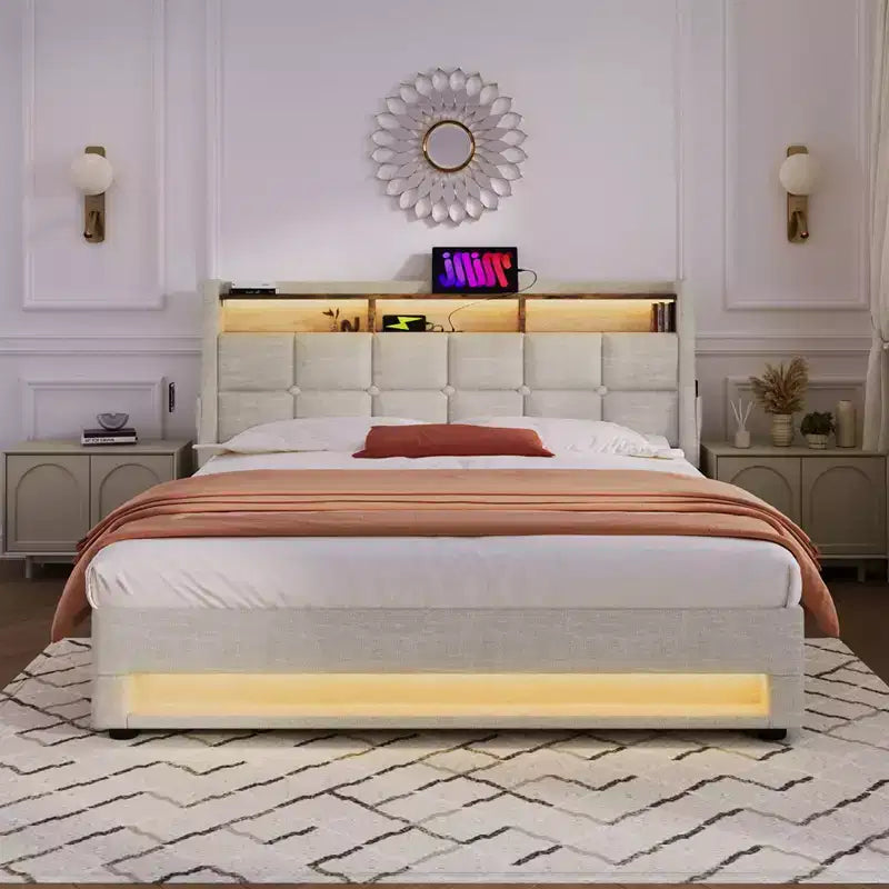 Queen Bed with Hydraulic Storage, LED, USB, Upholstered Headboard, No Box Spring, Easy Assembly