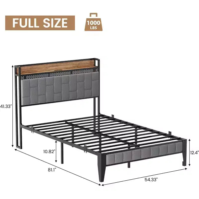 Platform Bed Frame with Storage Headboard, USB Charging Station, LED Lighting and Under-Bed Storage, No Box Spring Required, Heavy-Duty Support