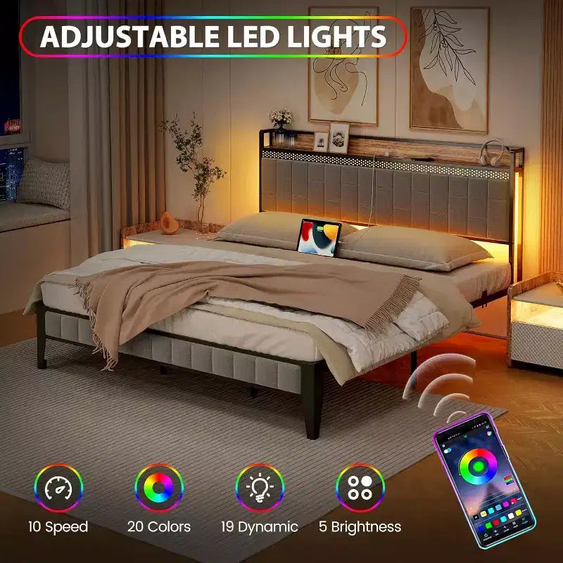 Platform Bed Frame with Storage Headboard, USB Charging Station, LED Lighting and Under-Bed Storage, No Box Spring Required, Heavy-Duty Support