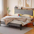 Platform Bed Frame with Storage Headboard, USB Charging Station, LED Lighting and Under-Bed Storage, No Box Spring Required, Heavy-Duty Support