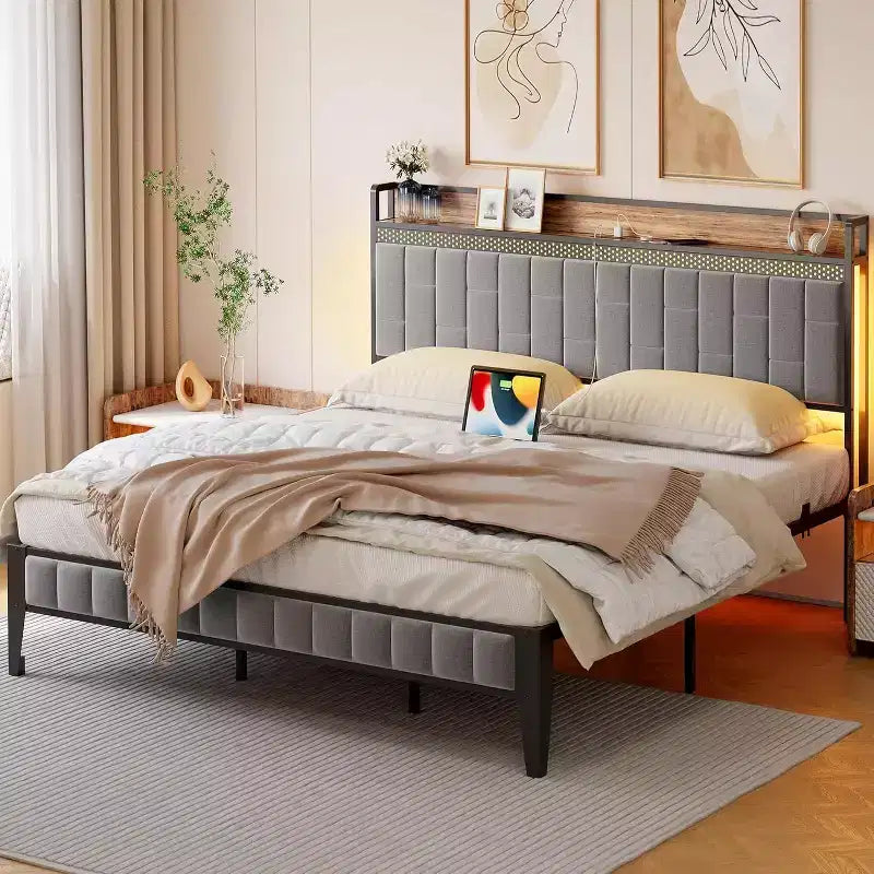 Platform Bed Frame with Storage Headboard, USB Charging Station, LED Lighting and Under-Bed Storage, No Box Spring Required, Heavy-Duty Support