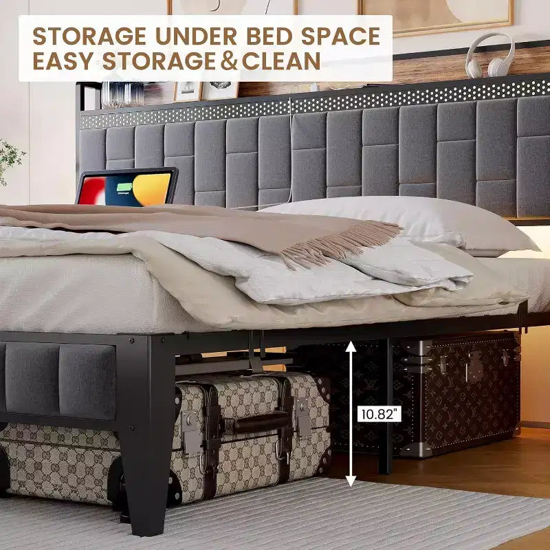 Platform Bed Frame with Storage Headboard, USB Charging Station, LED Lighting and Under-Bed Storage, No Box Spring Required, Heavy-Duty Support