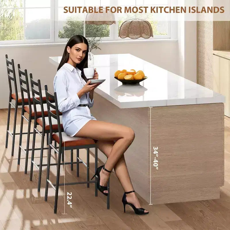 Bar Stools Set of 2, Counter Height Bar Stools Metal Dining Chairs with Straight-line Back Back and Thick Cushion PU Leather Dining Room Chairs