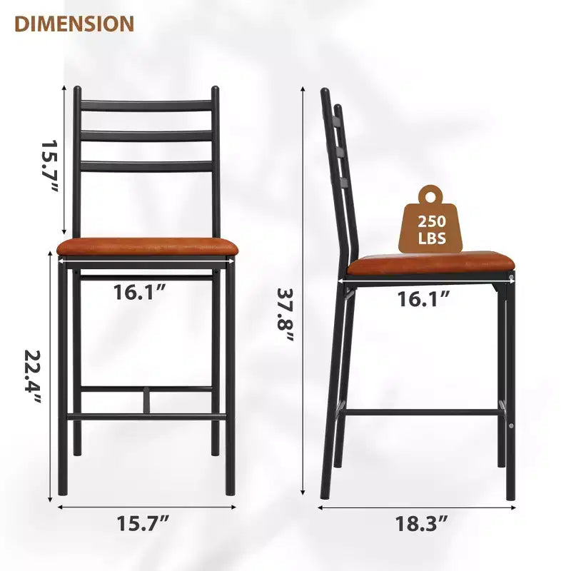 Bar Stools Set of 2, Counter Height Bar Stools Metal Dining Chairs with Straight-line Back Back and Thick Cushion PU Leather Dining Room Chairs
