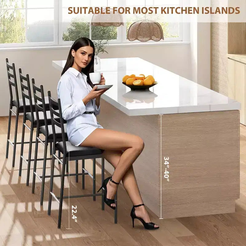 Bar Stools Set of 2, Counter Height Bar Stools Metal Dining Chairs with Straight-line Back Back and Thick Cushion PU Leather Dining Room Chairs