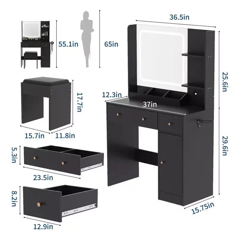 GustoWave Modern Makeup Vanity with Lights and Mirror Vanity Table with Hair Dryer Holder, Storage Drawers and Shelves with Stool, Black