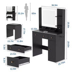 GustoWave Modern Makeup Vanity with Lights and Mirror Vanity Table with Hair Dryer Holder, Storage Drawers and Shelves with Stool, Black