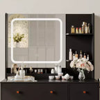 GustoWave Modern Makeup Vanity with Lights and Mirror Vanity Table with Hair Dryer Holder, Storage Drawers and Shelves with Stool, Black