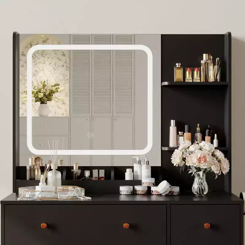 GustoWave Modern Makeup Vanity with Lights and Mirror Vanity Table with Hair Dryer Holder, Storage Drawers and Shelves with Stool, Black