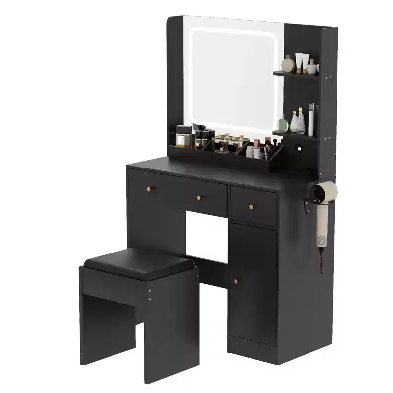 GustoWave Modern Makeup Vanity with Lights and Mirror Vanity Table with Hair Dryer Holder, Storage Drawers and Shelves with Stool, Black
